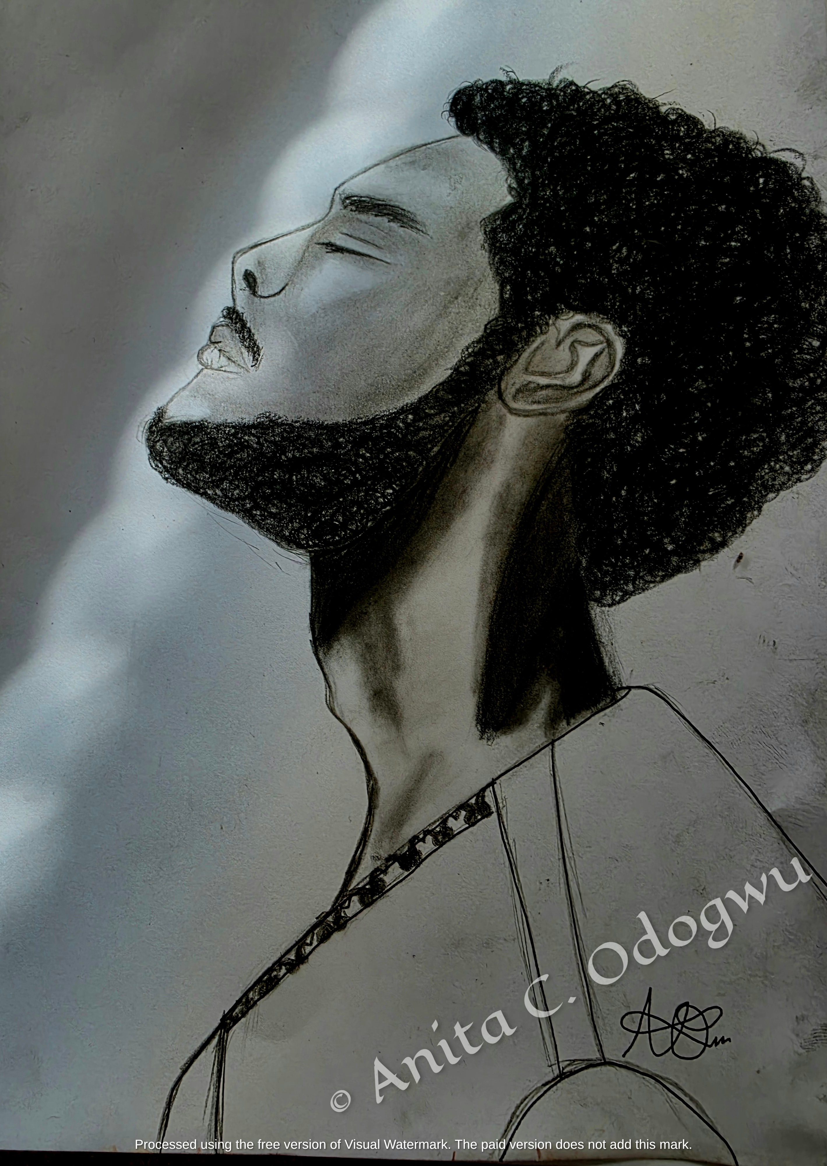 Hyper-realistic charcoal portrait drawing of a man with curly hair chiaroscuro lighting skin study